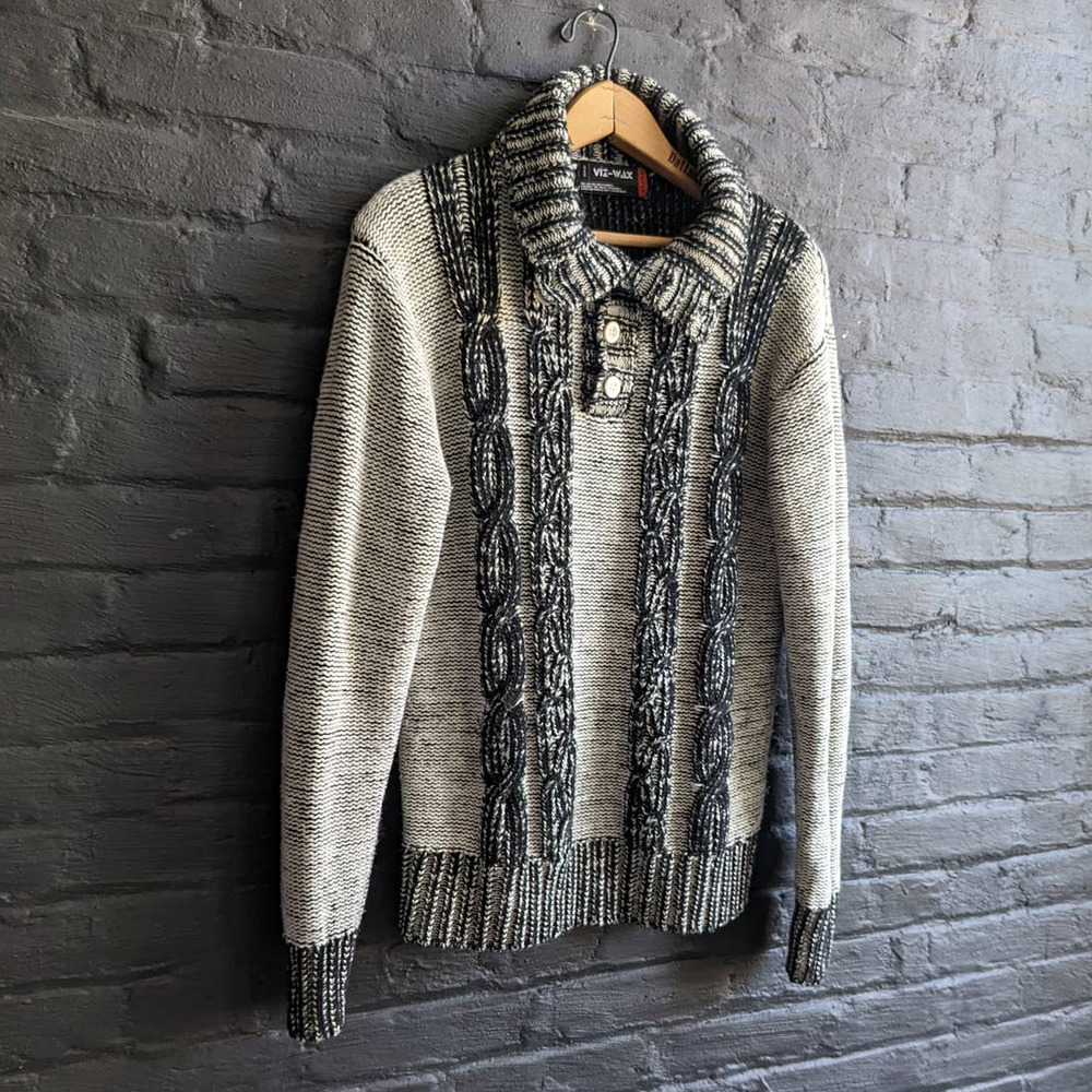 Vintage Wool Chic Cable Knit Black Grey Monotone Chunky Turtleneck Sweater - Picture 3 of 5